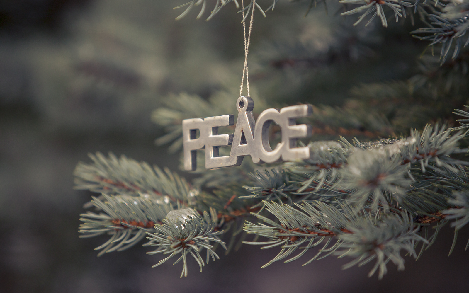 Christmas ornament that spells out PEACE
