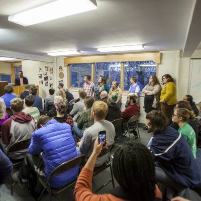 A crowd at the opening of the Student Diversity Center