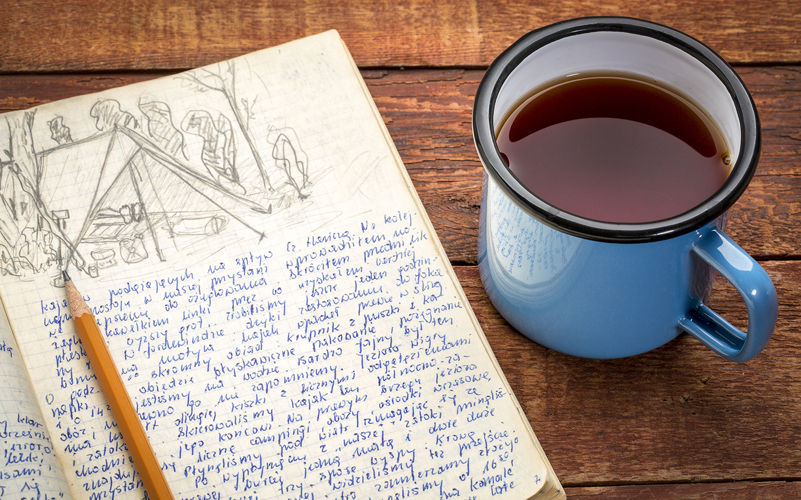 Writing journal and coffee mug