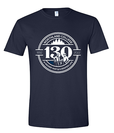 A navy blue shirt with two lumberjacks and the words “Northland College 130: 1892–2022. A higher way, a deeper life.”
