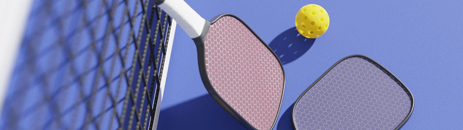 Pickleball paddles and balls alongside a net