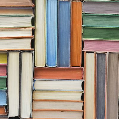 Books stacked up on shelf.